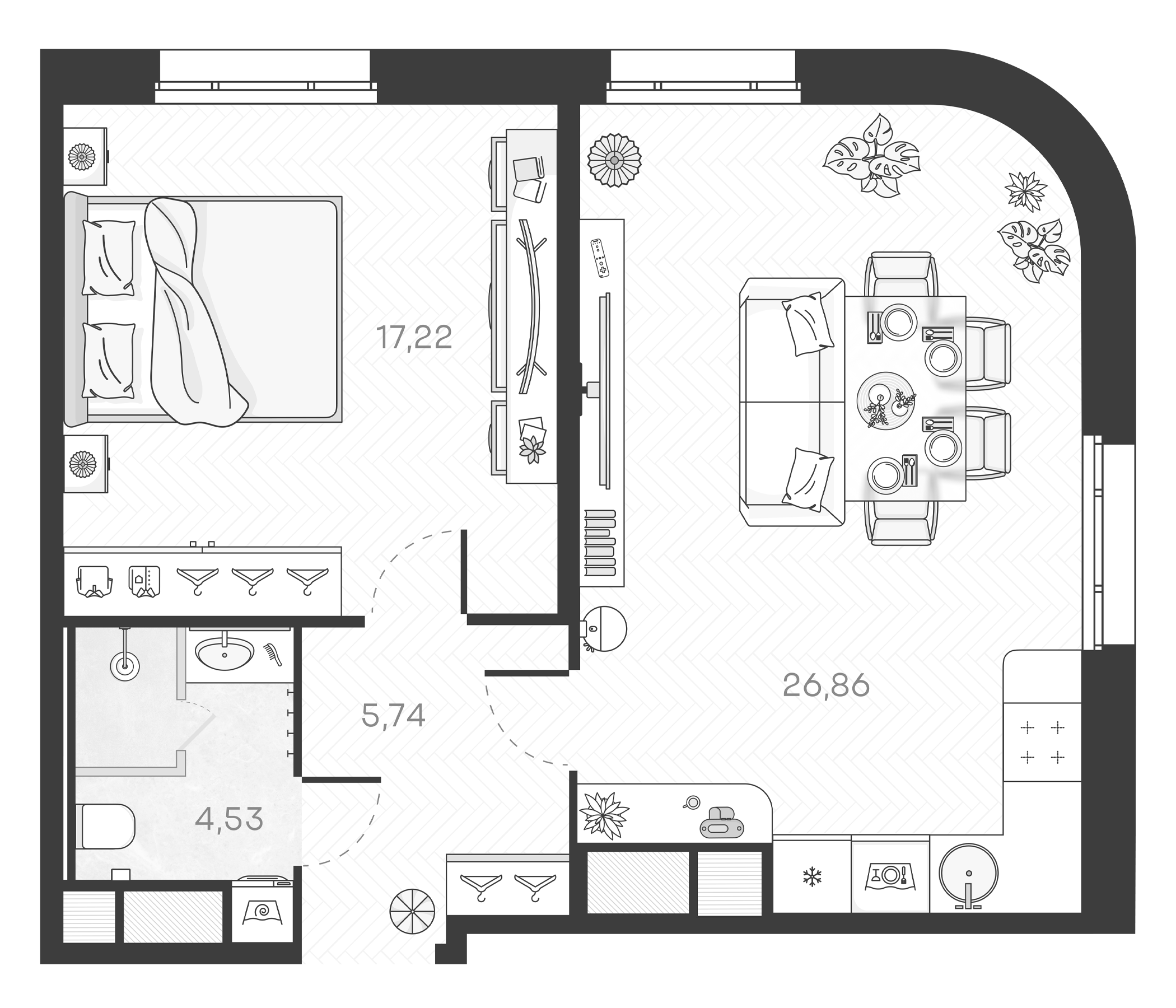 Планировка — Monodom Art, 2-комн., 54 м²