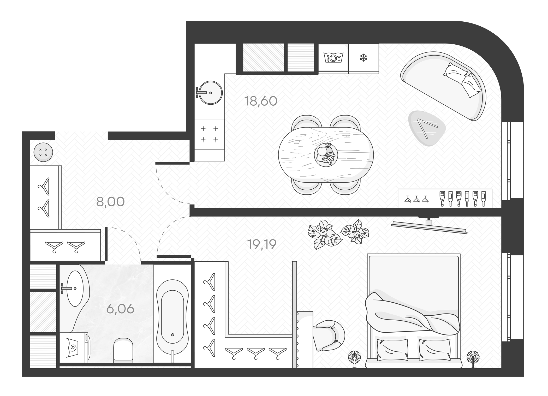 Планировка — Monodom Art, 2-комн., 52 м²