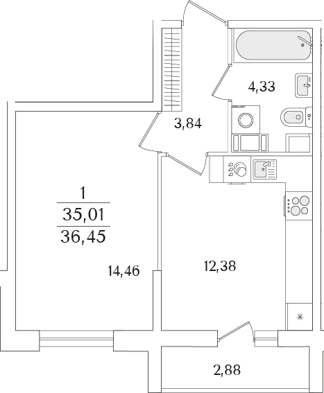 Планировка — Кинопарк, 1-комн., 35 м²