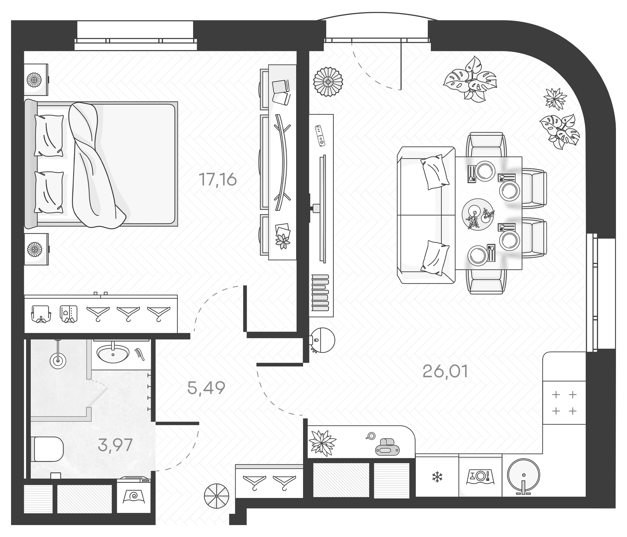 Планировка — Monodom Art, 2-комн., 53 м²