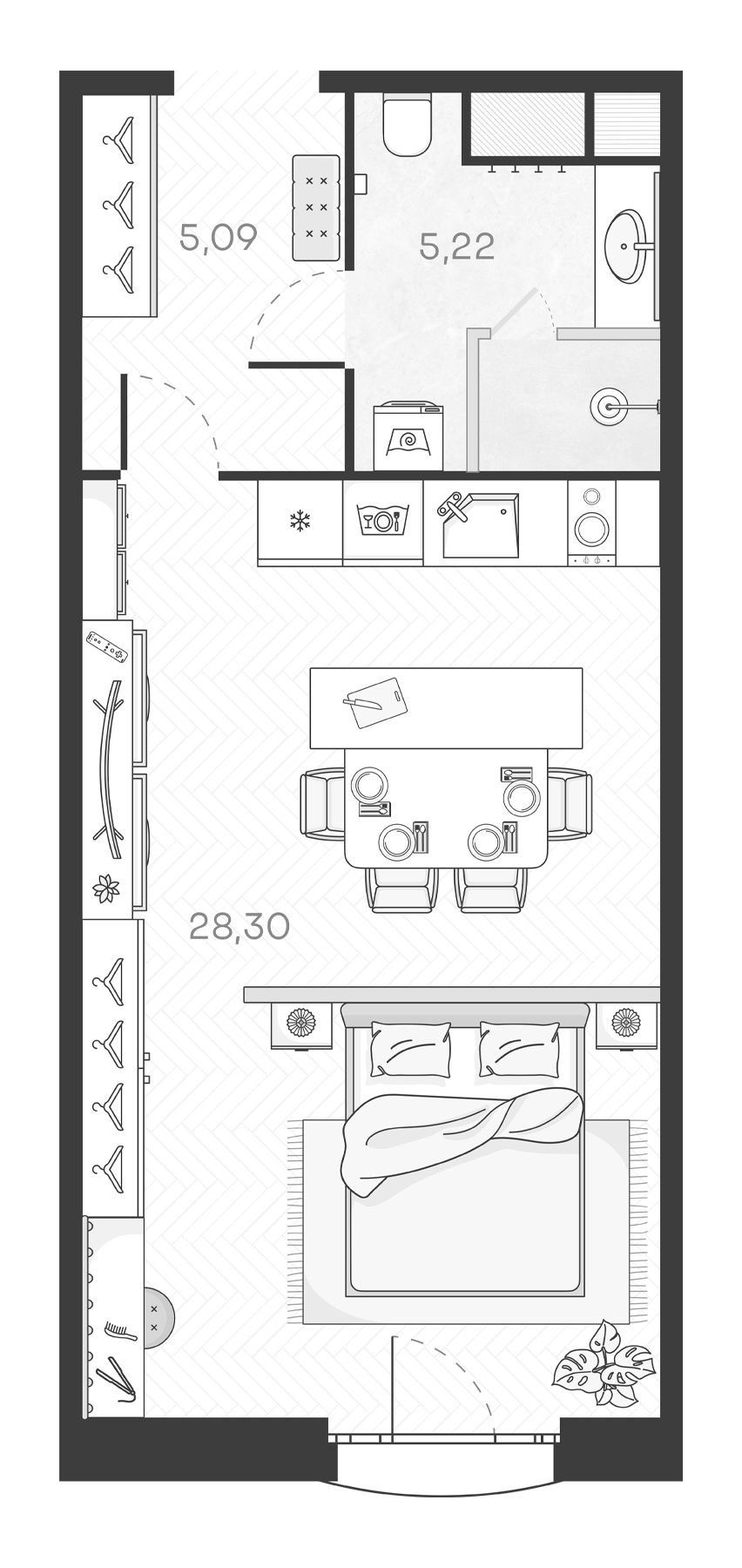 Планировка — Monodom Art, Студия, 39 м²