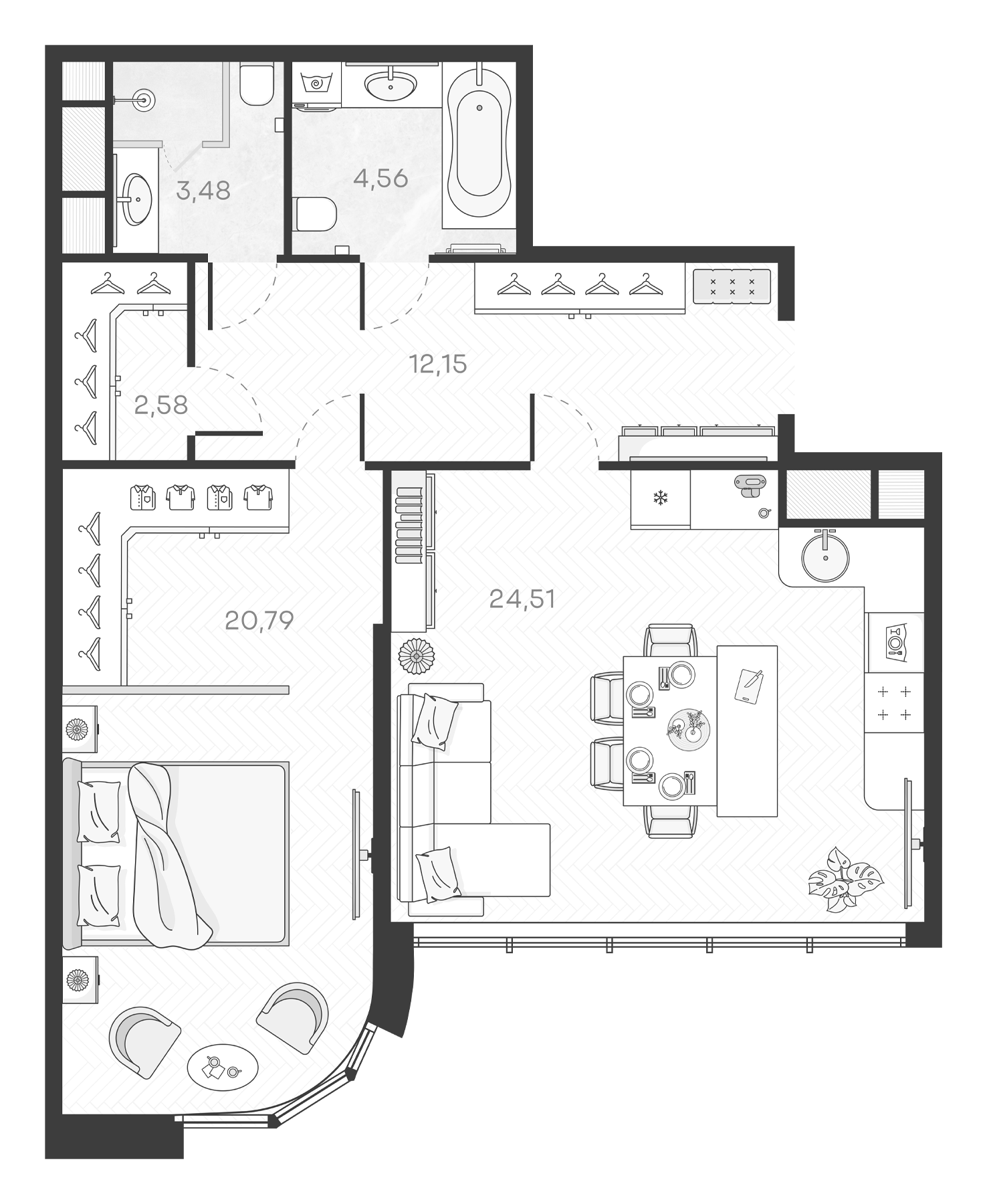 Планировка — Monodom Art, 2-комн., 68 м²