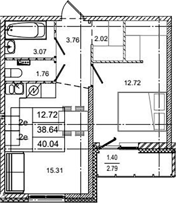 Планировка — ID Kudrovo II, 2-комн., 39 м²