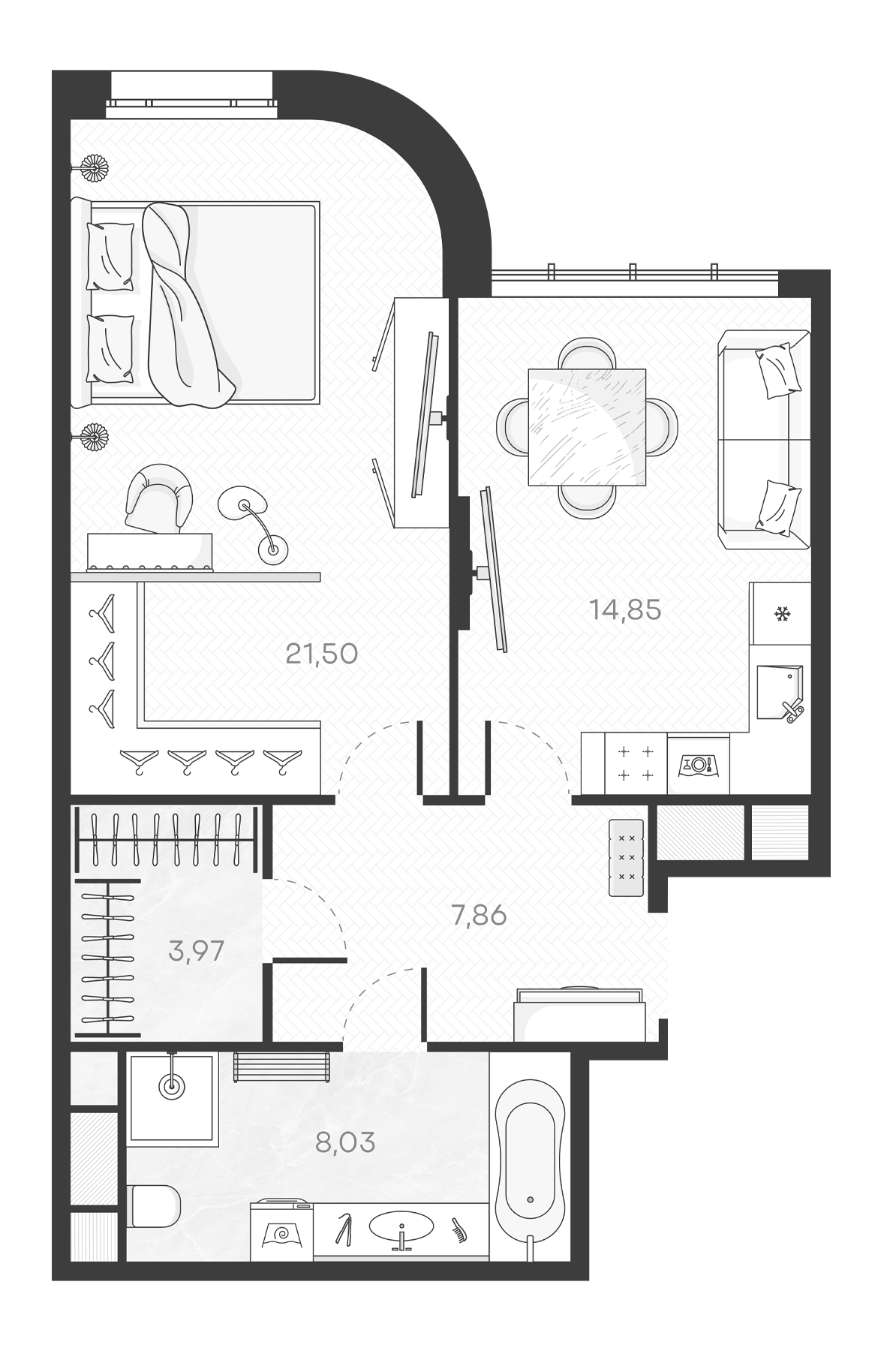 Планировка — Monodom Art, 1-комн., 56 м²