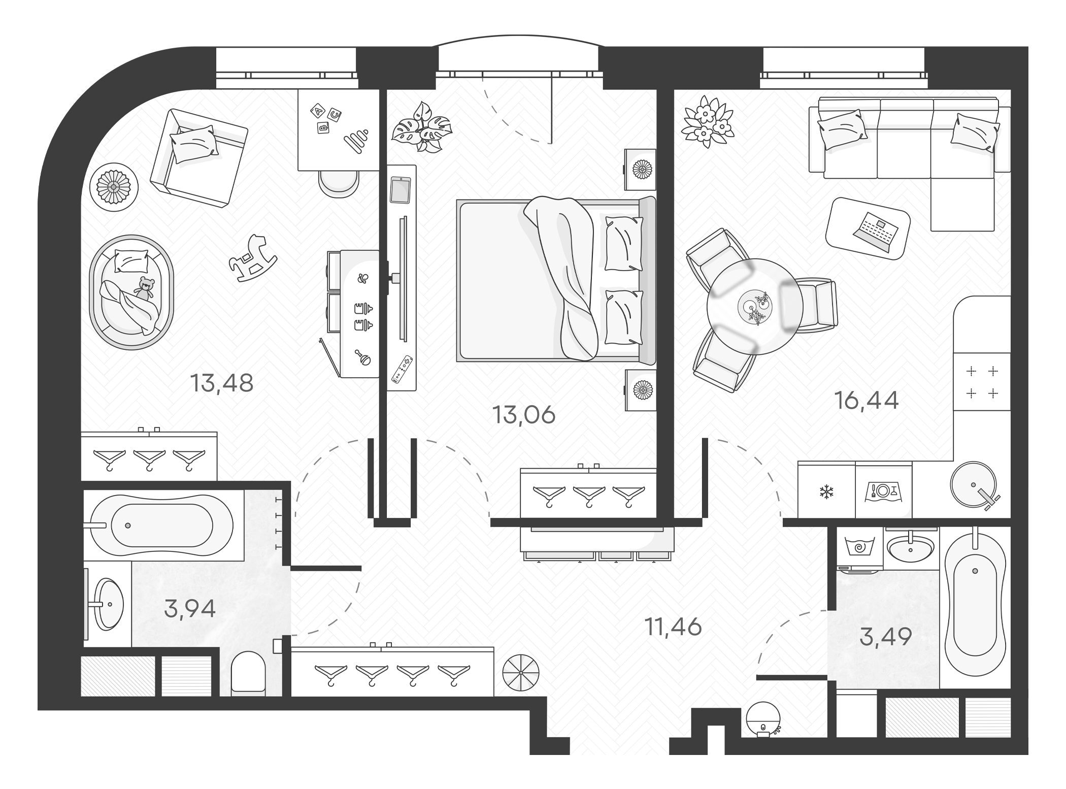Планировка — Monodom Art, 3-комн., 62 м²