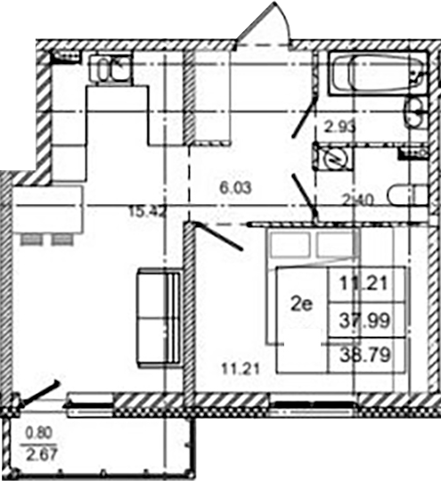 Планировка — ID Kudrovo II, 2-комн., 38 м²