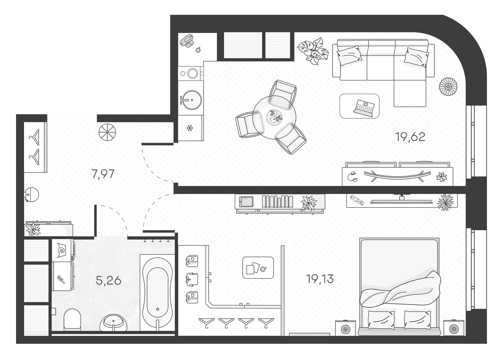Планировка — Monodom Art, 2-комн., 52 м²