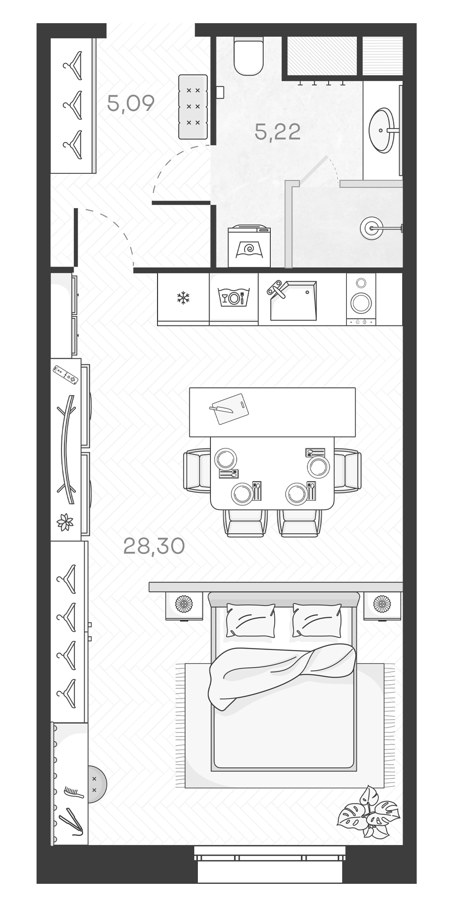 Планировка — Monodom Art, Студия, 39 м²