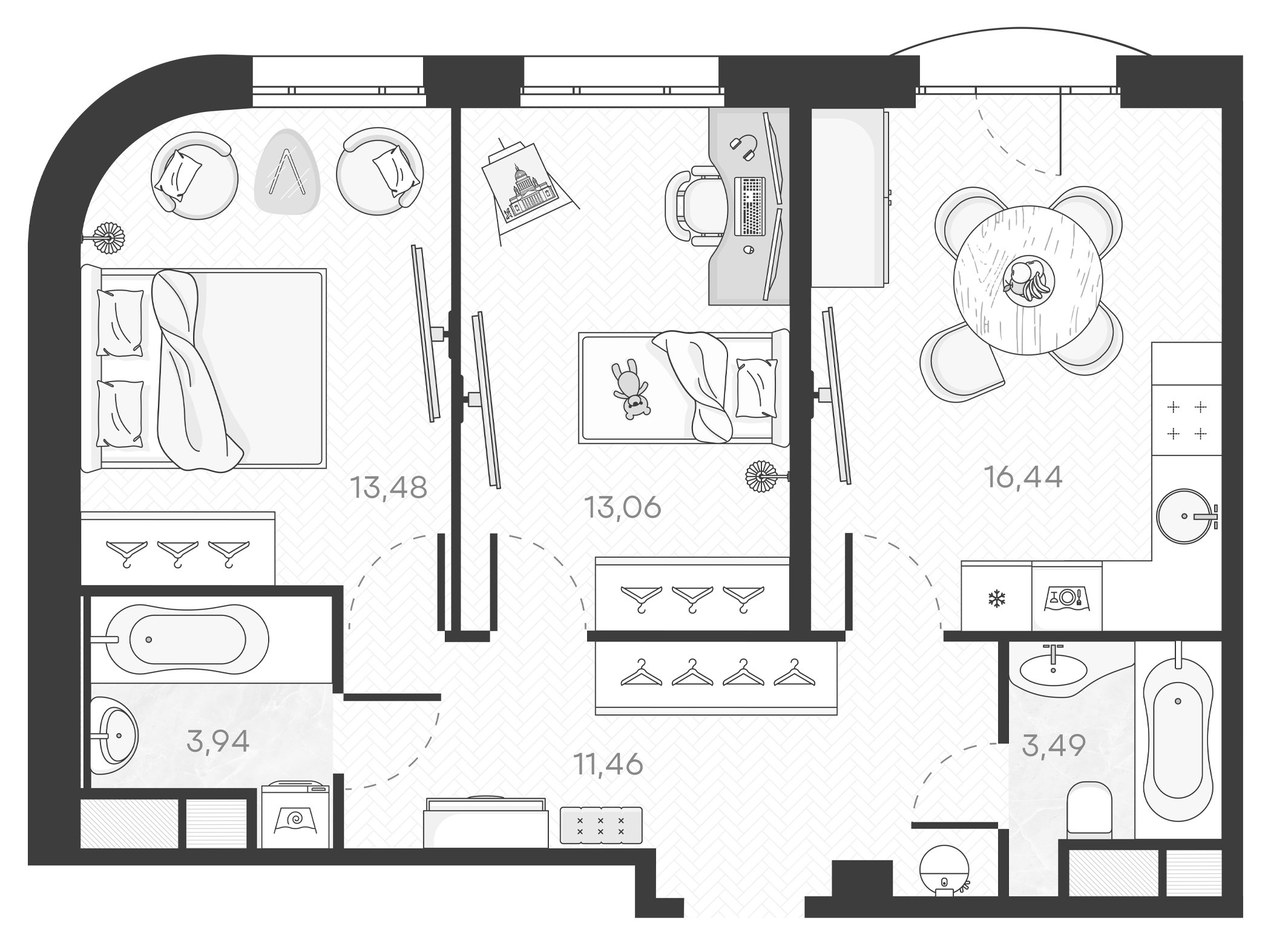 Планировка — Monodom Art, 3-комн., 62 м²