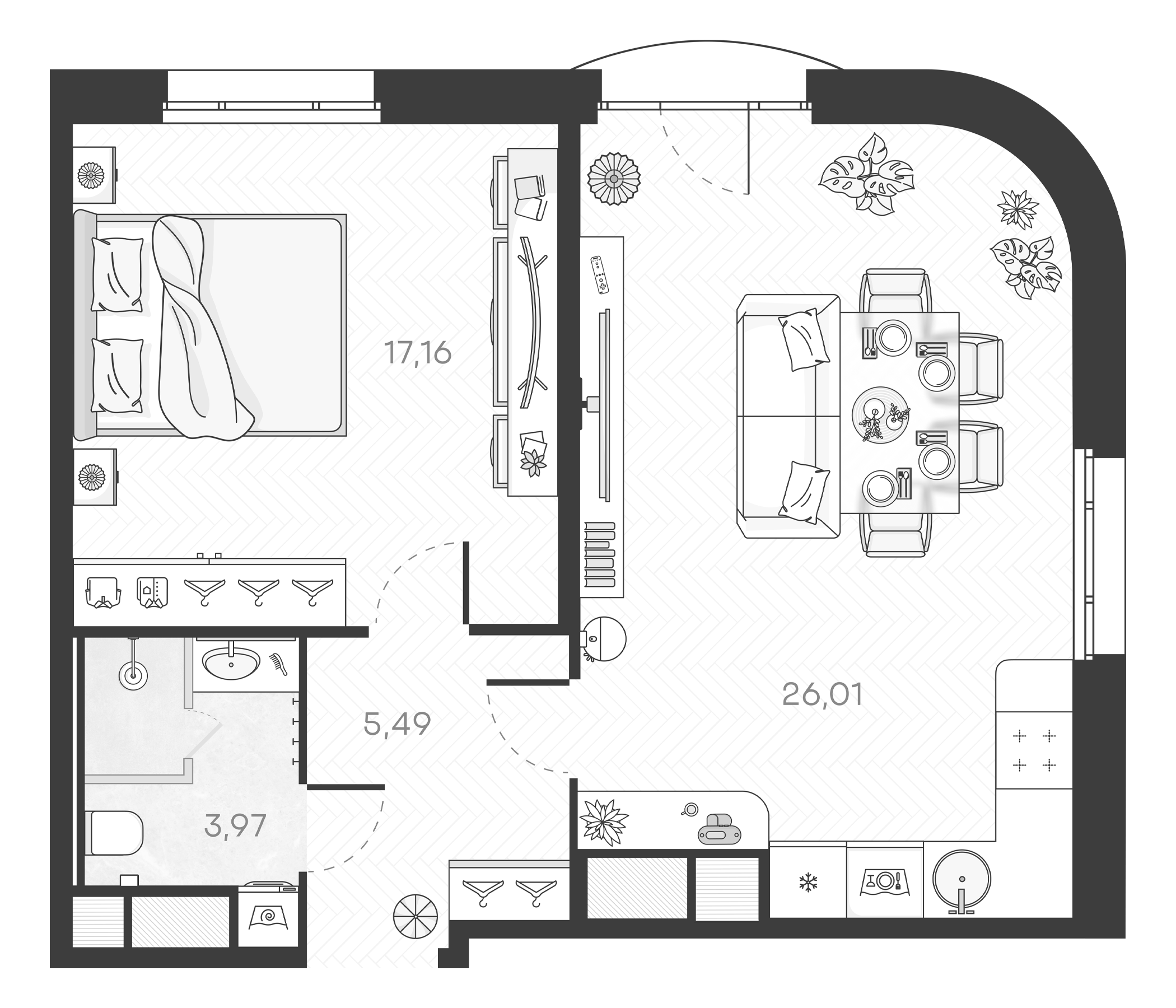 Планировка — Monodom Art, 2-комн., 53 м²