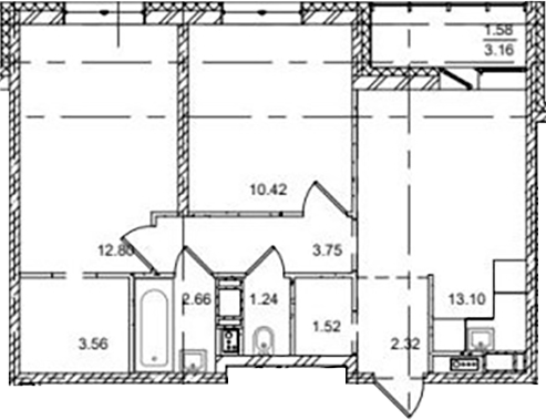 Планировка — ID Kudrovo II, 3-комн., 51 м²