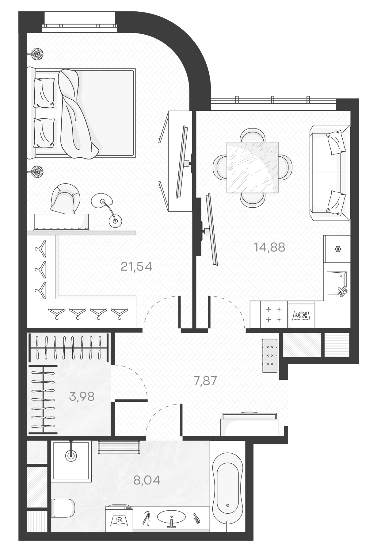 Планировка — Monodom Art, 1-комн., 56 м²