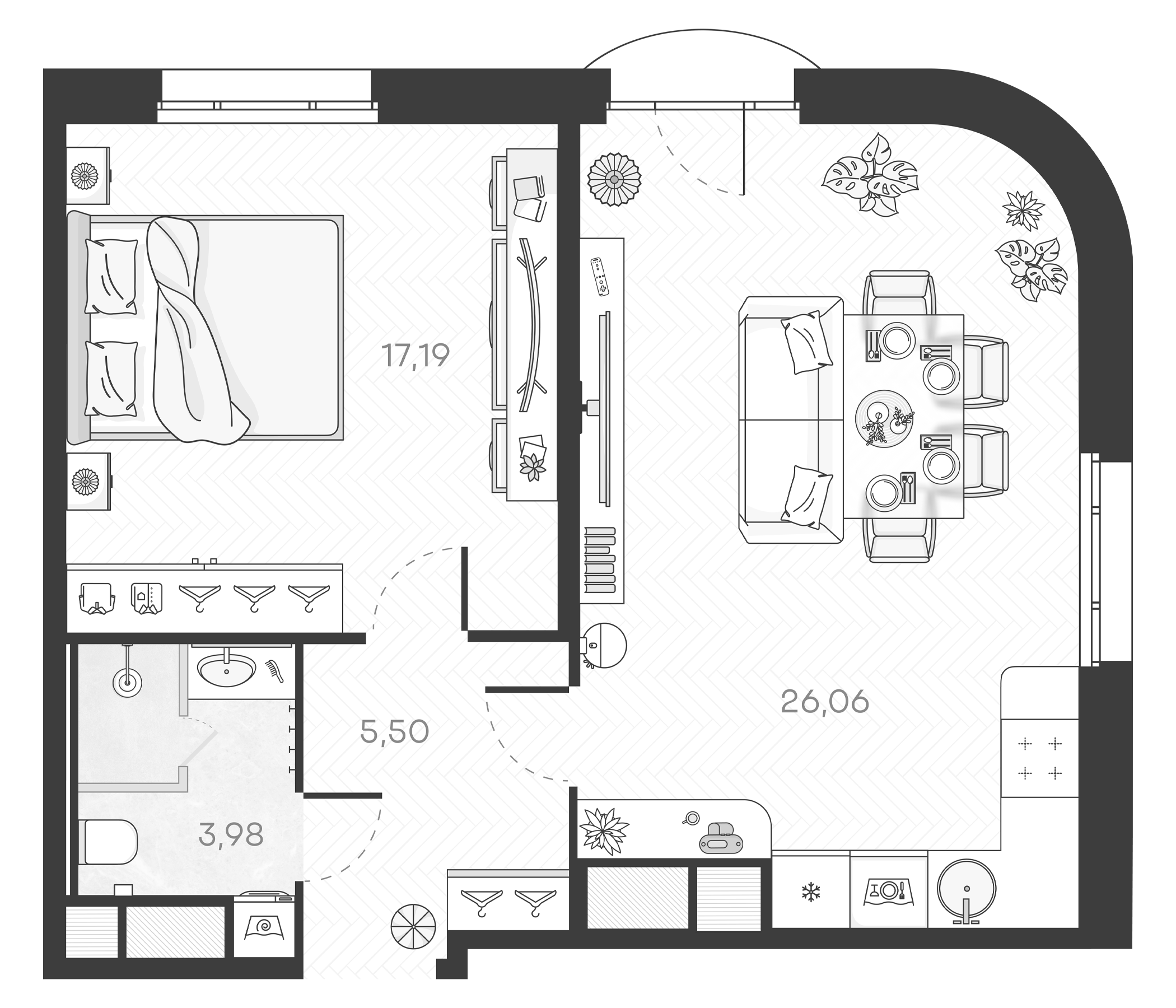 Планировка — Monodom Art, 2-комн., 53 м²