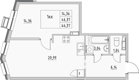 Планировка — Новый Город, 1-комн., 46 м²