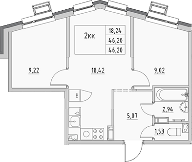 Планировка — Новый Город, 2-комн., 46 м²