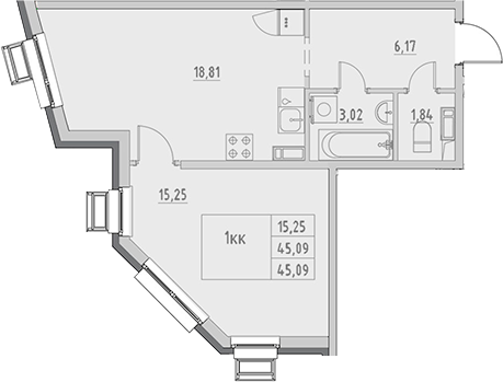 Планировка — Новый Город, 1-комн., 45 м²
