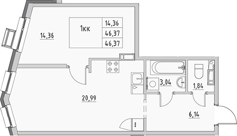 Планировка — Новый Город, 1-комн., 46 м²