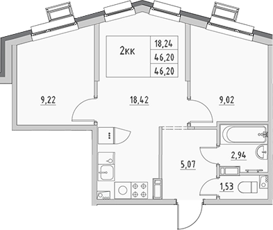 Планировка — Новый Город, 2-комн., 46 м²