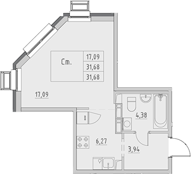 Планировка — Новый Город, Студия, 32 м²