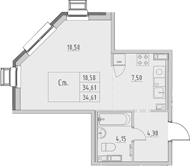 Планировка — Новый Город, Студия, 35 м²