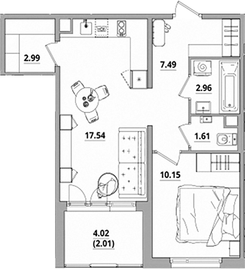 Планировка — Тишин, 2-комн., 43 м²