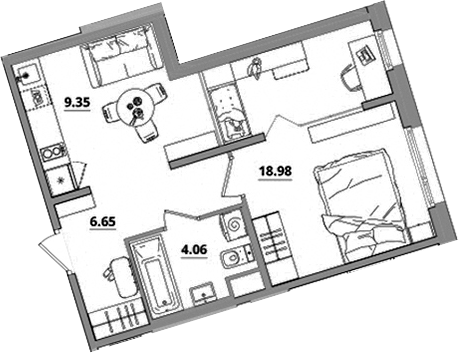 Планировка — Тишин, 1-комн., 39 м²