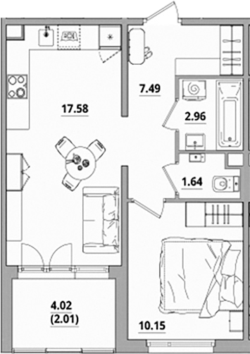 Планировка — Тишин, 2-комн., 40 м²