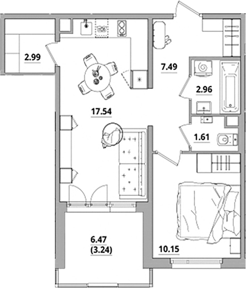 Планировка — Тишин, 2-комн., 43 м²
