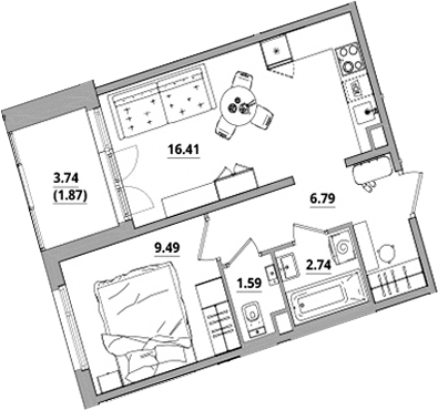 Планировка — Тишин, 2-комн., 37 м²