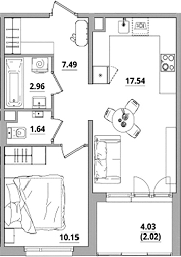 Планировка — Тишин, 2-комн., 40 м²