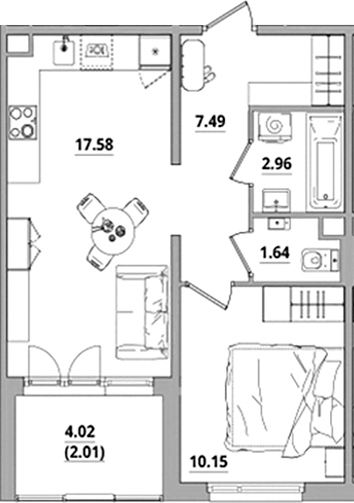 Планировка — Тишин, 2-комн., 40 м²