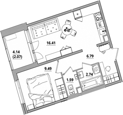 Планировка — Тишин, 2-комн., 37 м²