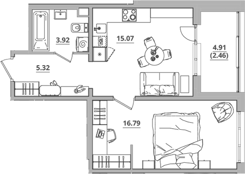 Планировка — Тишин, 2-комн., 41 м²