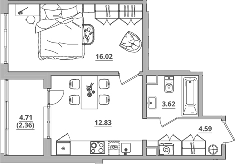Планировка — Тишин, 1-комн., 37 м²