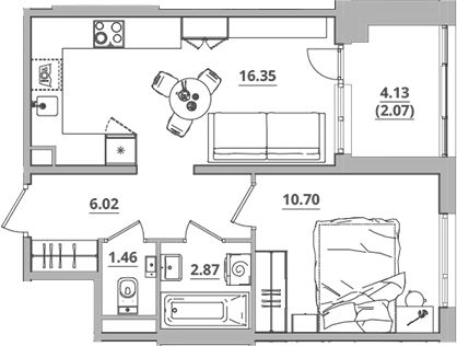Планировка — Тишин, 2-комн., 37 м²