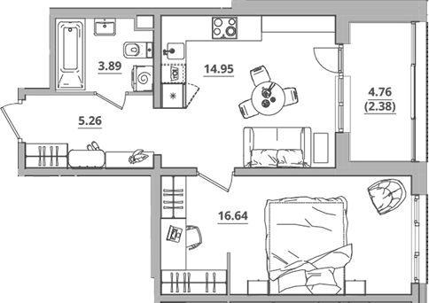 Планировка — Тишин, 1-комн., 41 м²