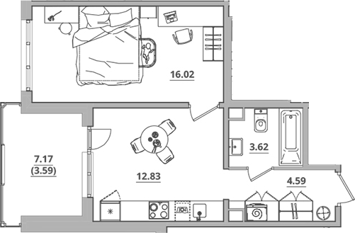 Планировка — Тишин, 1-комн., 37 м²