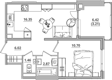 Планировка — Тишин, 2-комн., 37 м²