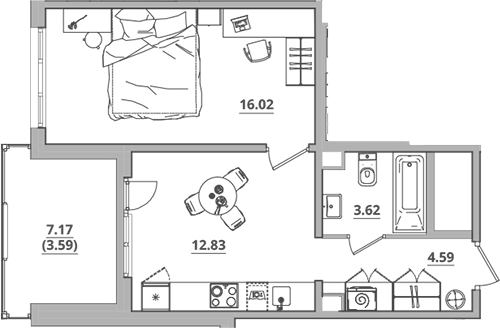 Планировка — Тишин, 1-комн., 37 м²