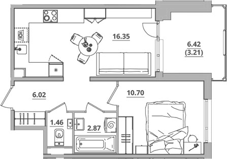 Планировка — Тишин, 2-комн., 37 м²