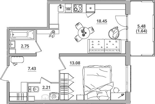 Планировка — Тишин, 2-комн., 44 м²