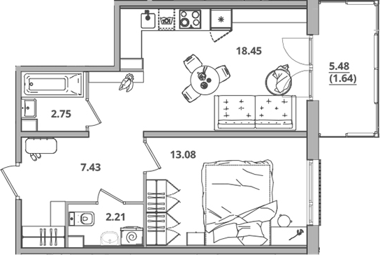 Планировка — Тишин, 2-комн., 44 м²