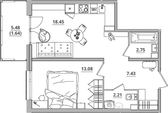 Планировка — Тишин, 2-комн., 44 м²
