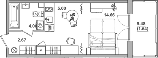 Планировка — Тишин, Студия, 26 м²