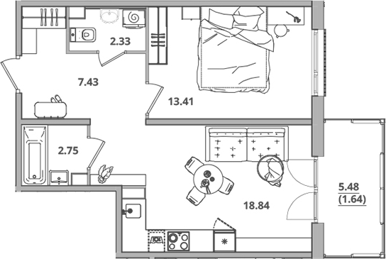 Планировка — Тишин, 2-комн., 45 м²