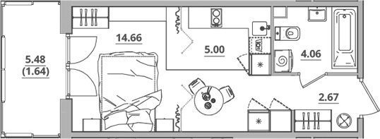 Планировка — Тишин, Студия, 26 м²