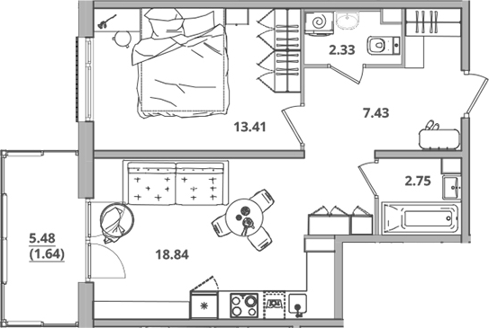 Планировка — Тишин, 2-комн., 45 м²