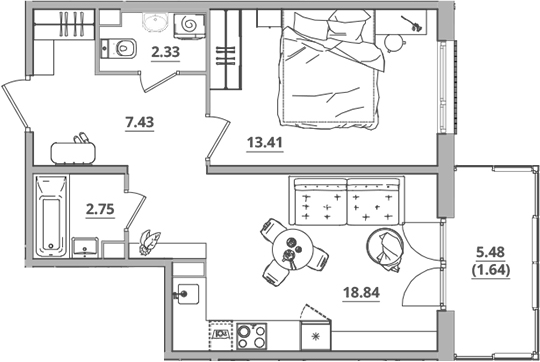 Планировка — Тишин, 2-комн., 45 м²