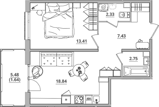 Планировка — Тишин, 2-комн., 45 м²