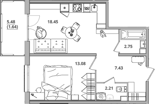 Планировка — Тишин, 2-комн., 44 м²
